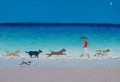 girl and dogs running on beach